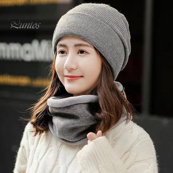 2 Pcs/Set Lady Winter Beanie Scarf Sert Knitted Elastic Ear Protection Brimless Windproof Cap Neck Wrap Set Outdoor Cycling Skiing Headwear