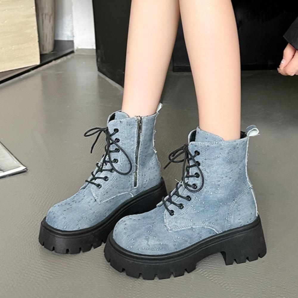 Módní platformové džínové kotníkové boty dámské křišťálové robustní podpatky krátké boty dámské silná podrážka protiskluzové motorkářské kotníkové boty dámské