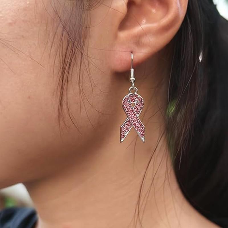 Breast Cancer Awareness Earrings Jewelry Rhinestone Crystal Pink Ribbon Dangle Earrings For Women