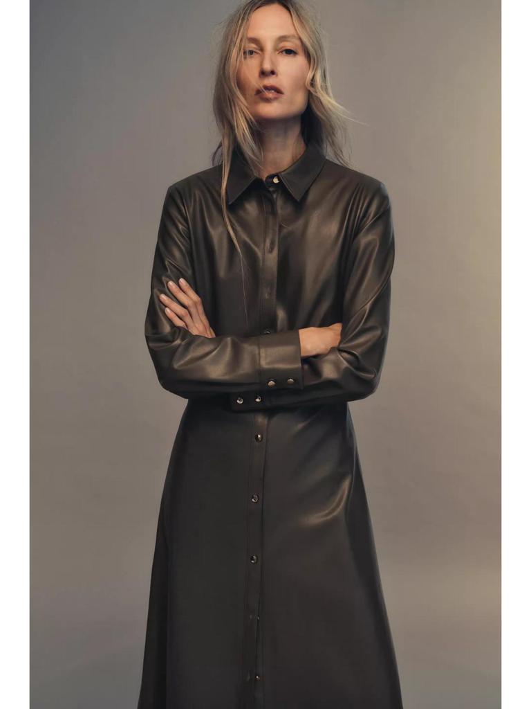 Women's 2025 Faux Leather Long-Sleeve Belted Shirt Dress – Winter Collection