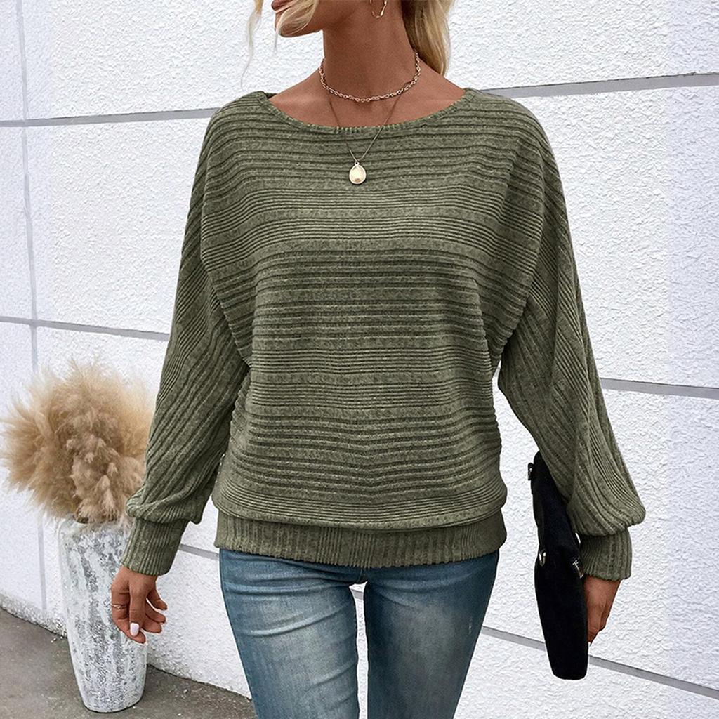 Women's Fashionable Solid Color Round Neck Long Sleeved Casual Pullover T-shirt Top