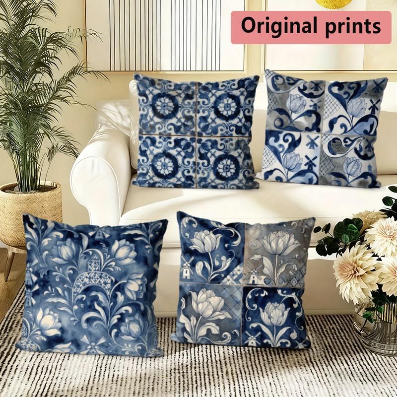 Dutch Delft Blue Throw Pillow Covers Pattern Cushion Cover Suitable for Sofa Bedroom Car Pillow Cover