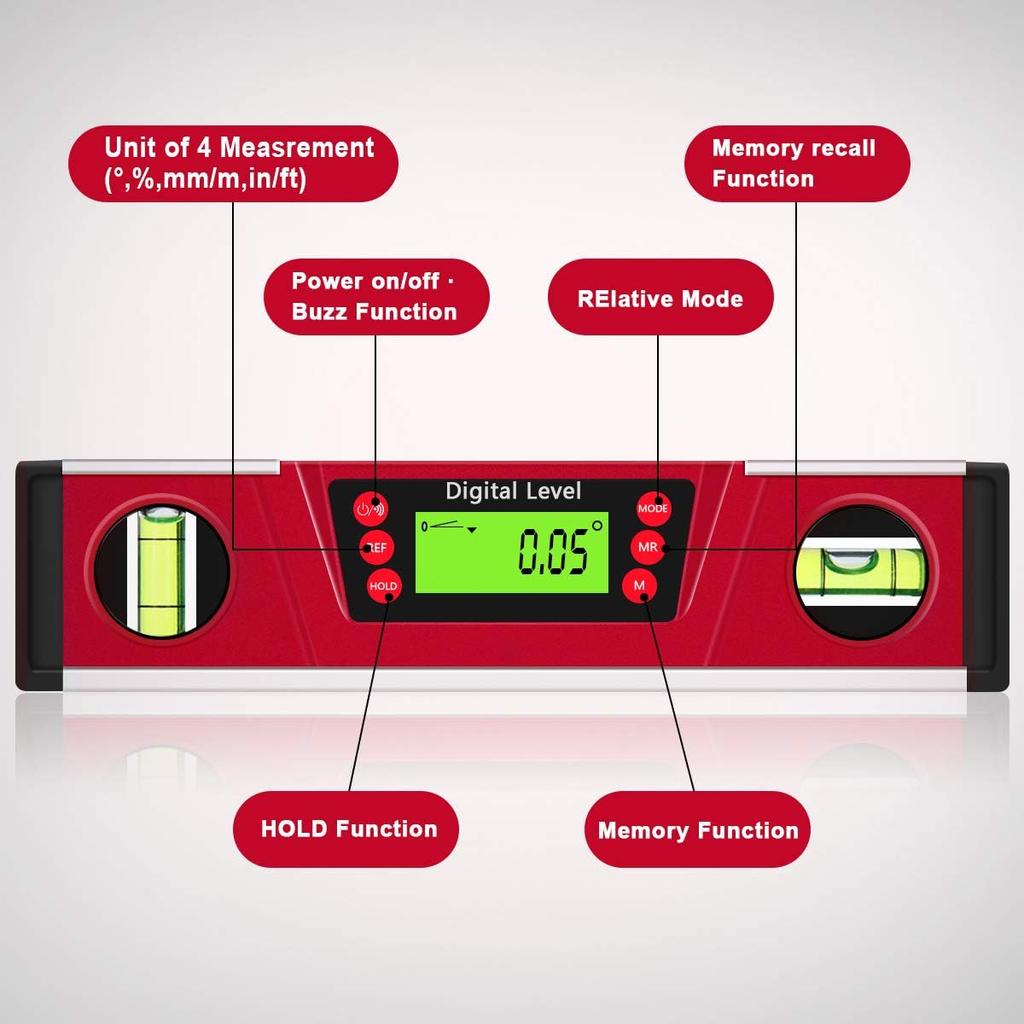 Digital Level and Protractor, 10 Inch IP54 Protected Electronic Bubble Inclinometer Angle Finder Gauge with Large LED Backlight Display & Magnetized