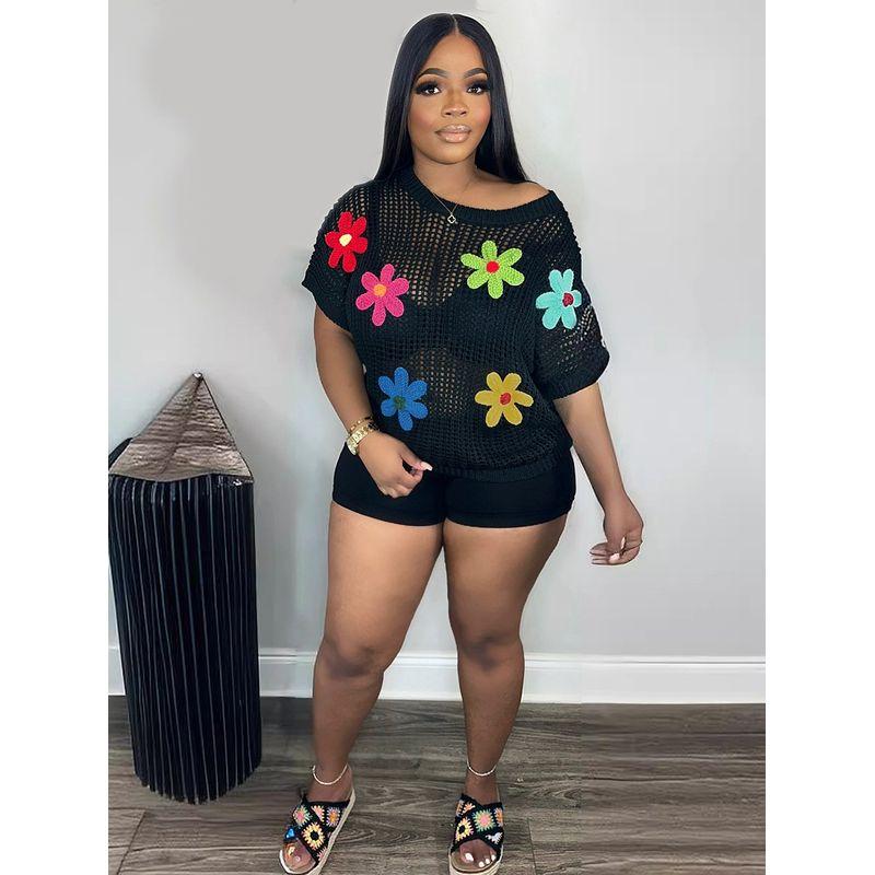 

Cross-Border Summer and Autumn Knitted Pullover round Neck Three-Dimensional Flower Short sleeve Top Perspective Women Cover up Casual T-shirt T-Shirt Black S