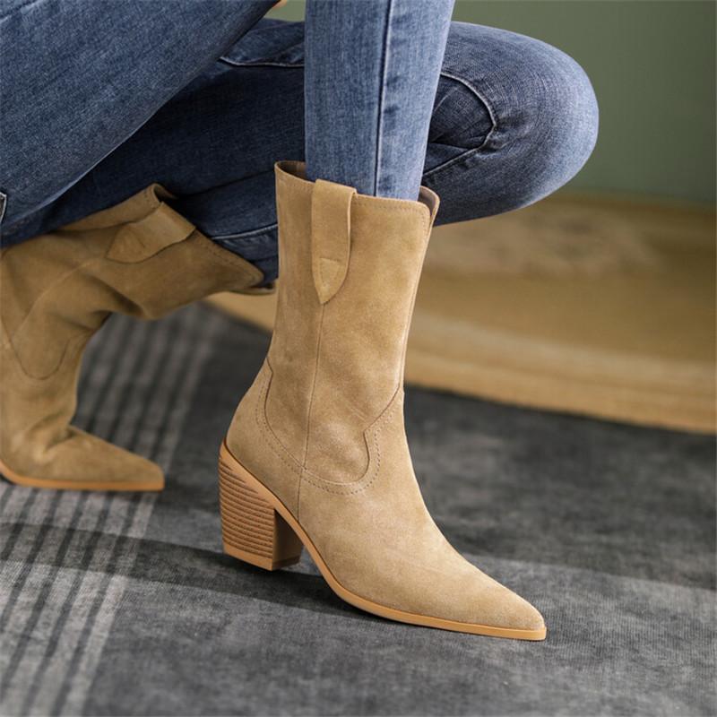 Fashion 2025 New Autumn/winter Women's Boots Pointed Toe Chunky Heel Short Boots Cow Suede Western Boots Shoes for Women High Heels