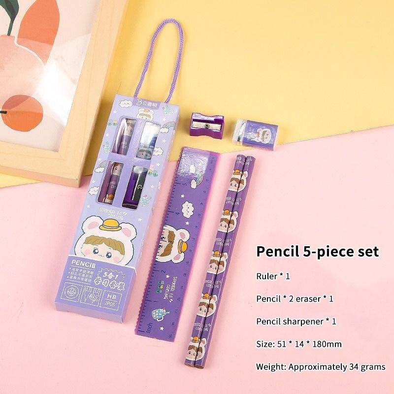 5/6Pcs Cartoon Stationery Set With Pencil Ruler Eraser Sharpener Notebook For Kids Students Back To School Daily Study Gifts