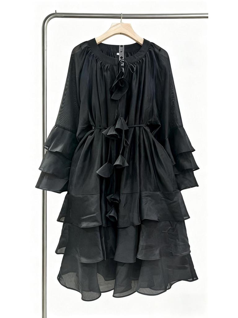 Vietnam Niche Design Multi-layer Ruffle Tie-neck Patchwork Flounce Skirt