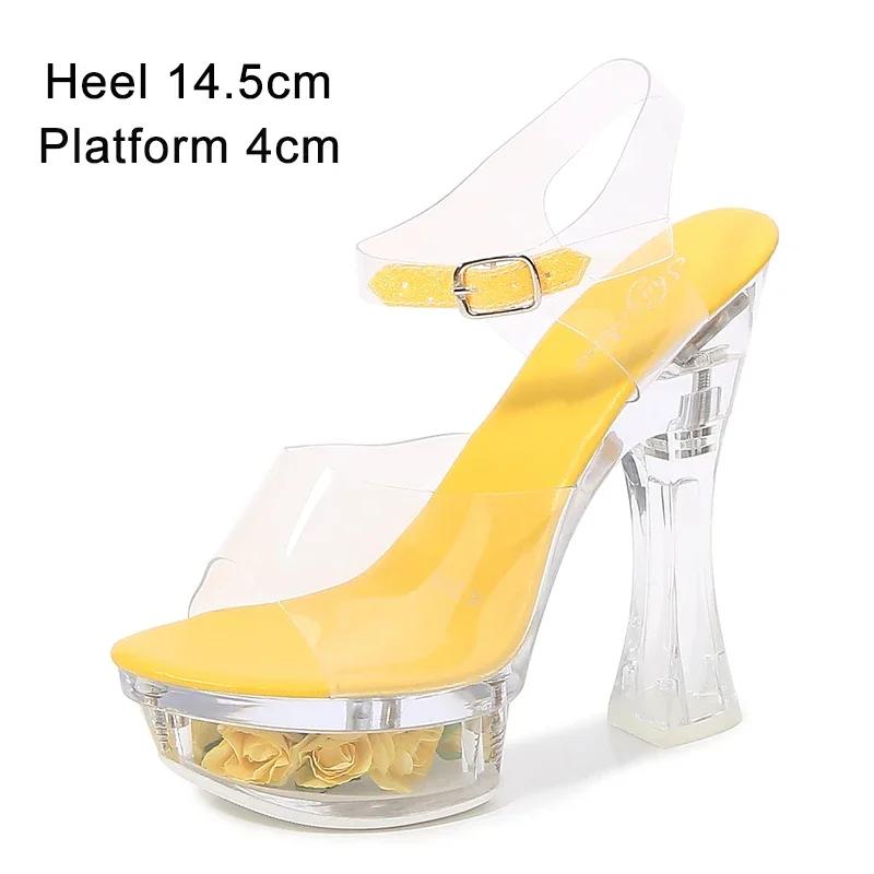 Fashion Designer Sandals Sandalias Women 2025 Summer New Flowers Transparent High Heels 14.5cm Platform Thick Heel Ladies Banquet Shoes