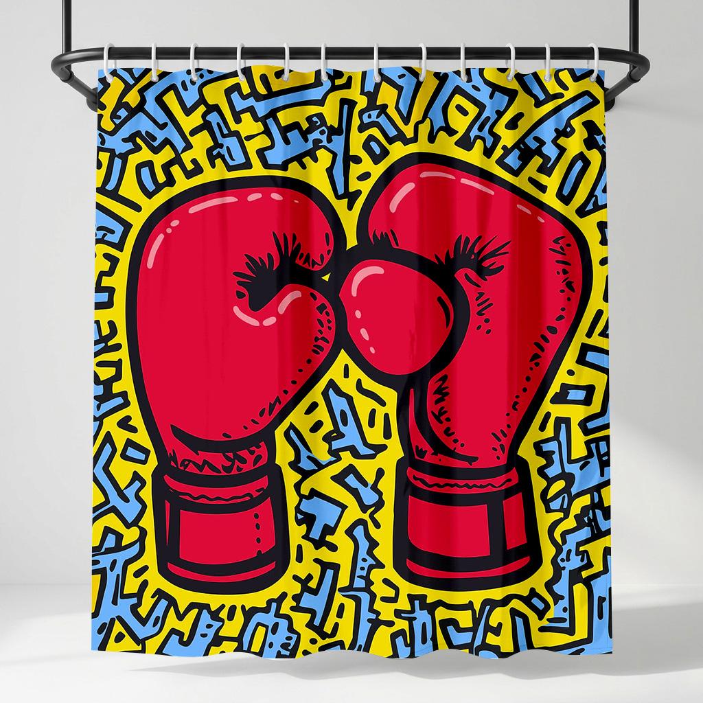 

Keith Haring-Inspired Red Boxing Gloves Shower Curtain, Retro Pop Art Yellow & Blue Doodle Pattern Bathroom Decor W60H190(CM)-1 Pcs