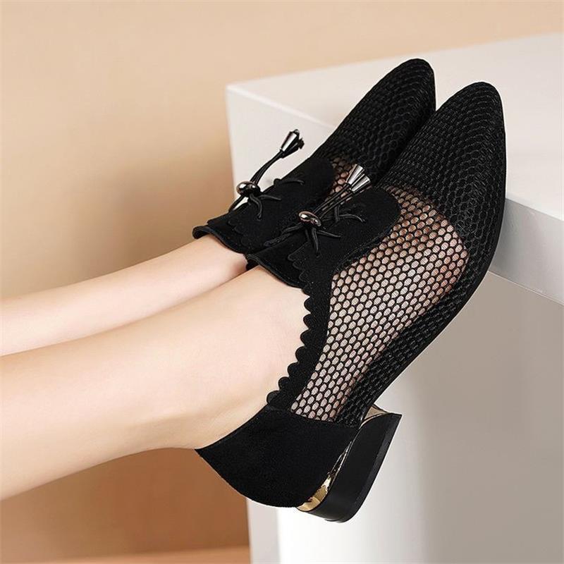 Mesh Sandals Women 2025 New Summer Commuter Hollow Lace-up Low Heel Thick Heel Pointed Mother Single Shoes Sandals Women