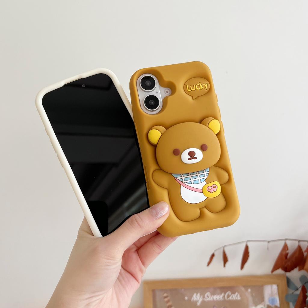 Applicable to iphone16 hot-selling cute cartoon bracket 3D three-dimensional silicone easy backpack bear anti-drop soft phone case