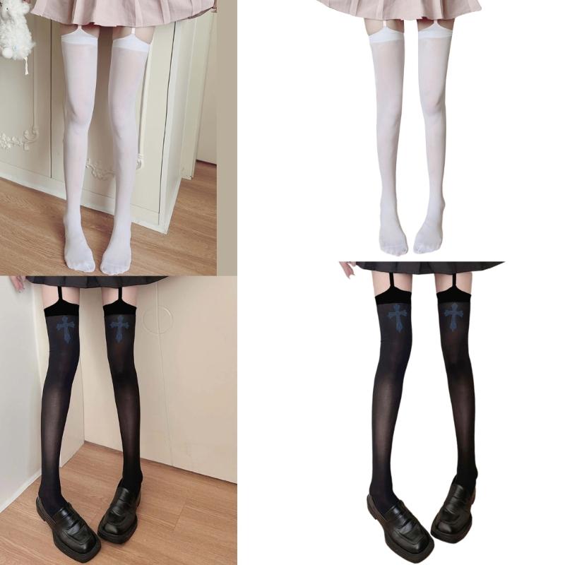 Womens Garter Belt Strappy Suspender Pantyhose Japanese Gothic Crosses Print Thigh High Stockings Bandages Silk Tights