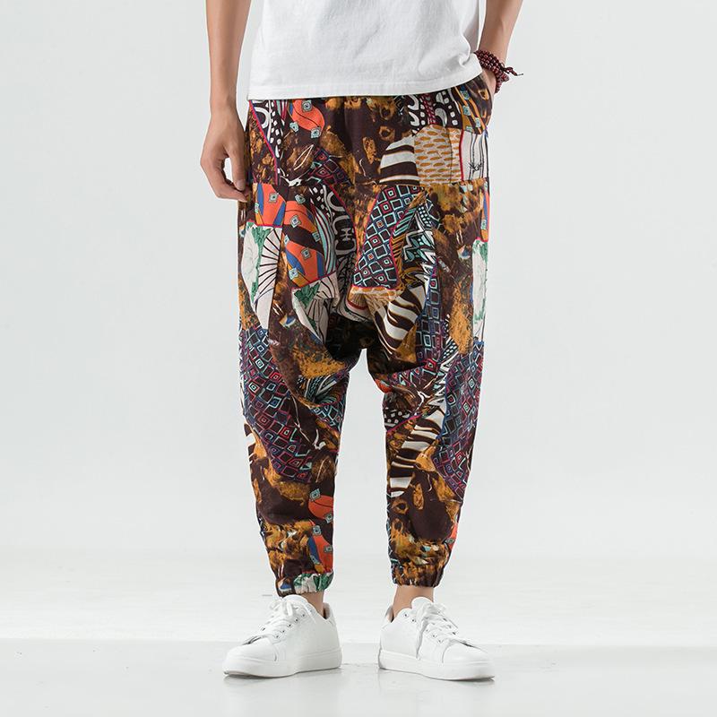 2026 Spring Men's Chinese-Style Cotton Linen Harem Pants - Printed Hip Hop Trousers