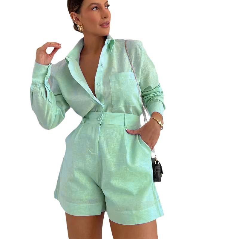 2024 Trendy Women's Casual Suit: Long Sleeve Shirt & Shorts Set