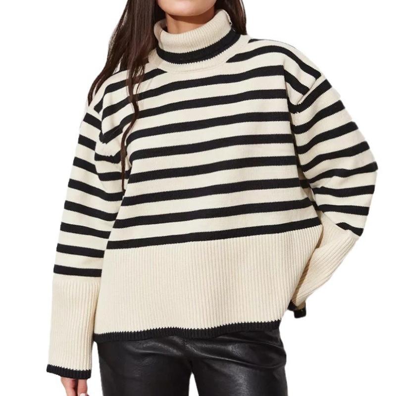 

IHUASU Женский полосатый трикотажный топ с высоким воротом, свободный свитер на осень и зиму XL бежевый