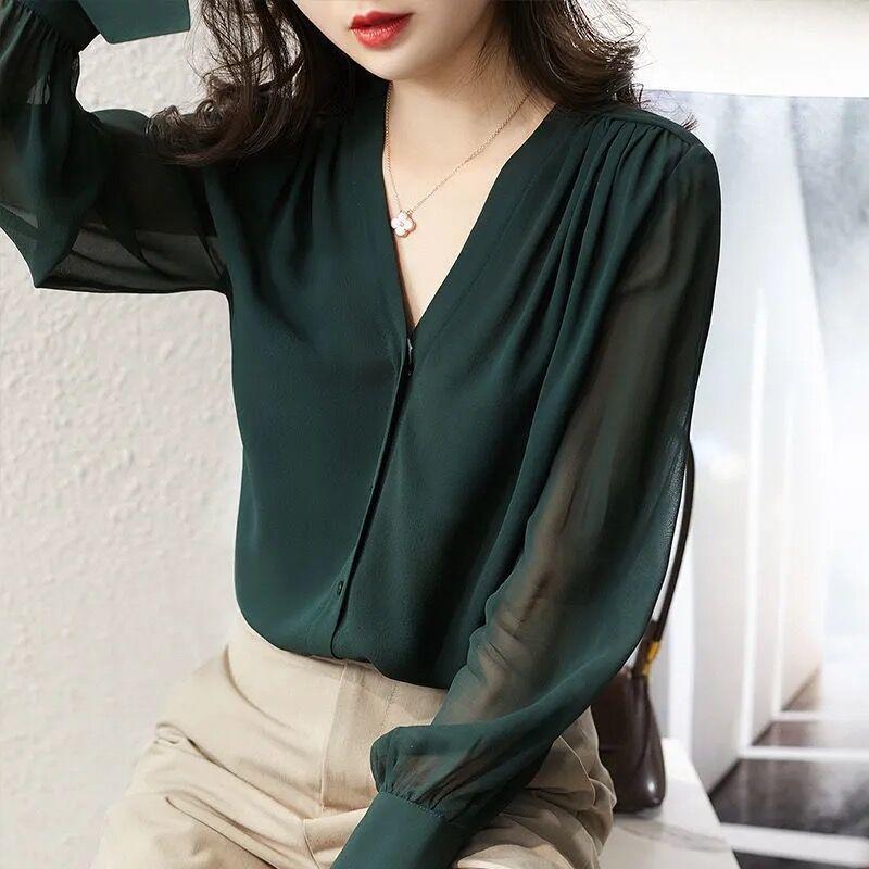 Camicia a maniche lunghe da donna primavera e autunno design francese con scollo a V top temperamento camicia in chiffon ampia