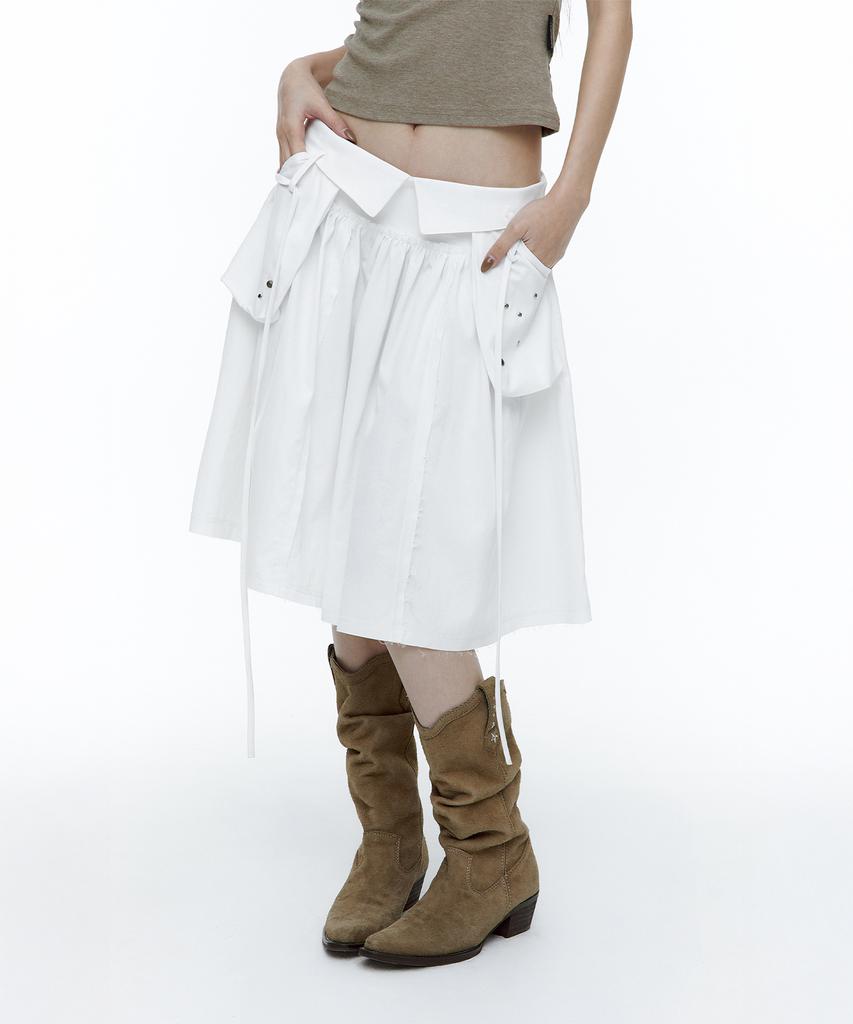 Rough Neck Out-Pocket Pleated Skirt White