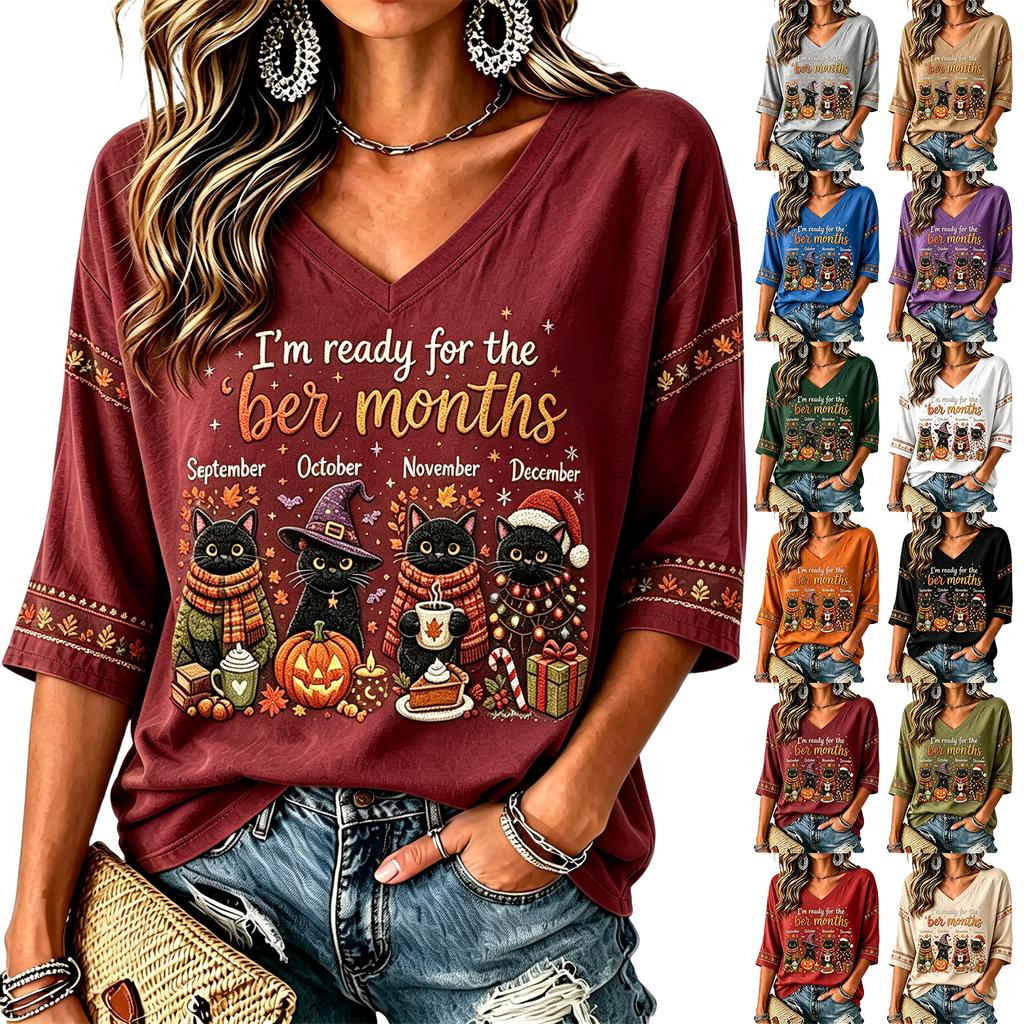 Women's Casual Thanksgiving Print V-Neck Long Sleeve Pullover Top for Fall and Winter
