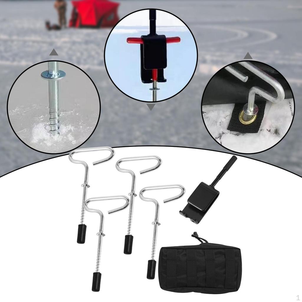 4 Ice Shelter Anchors, Heavy Duty Metal Tent Pegs, with Power Drill Adapter