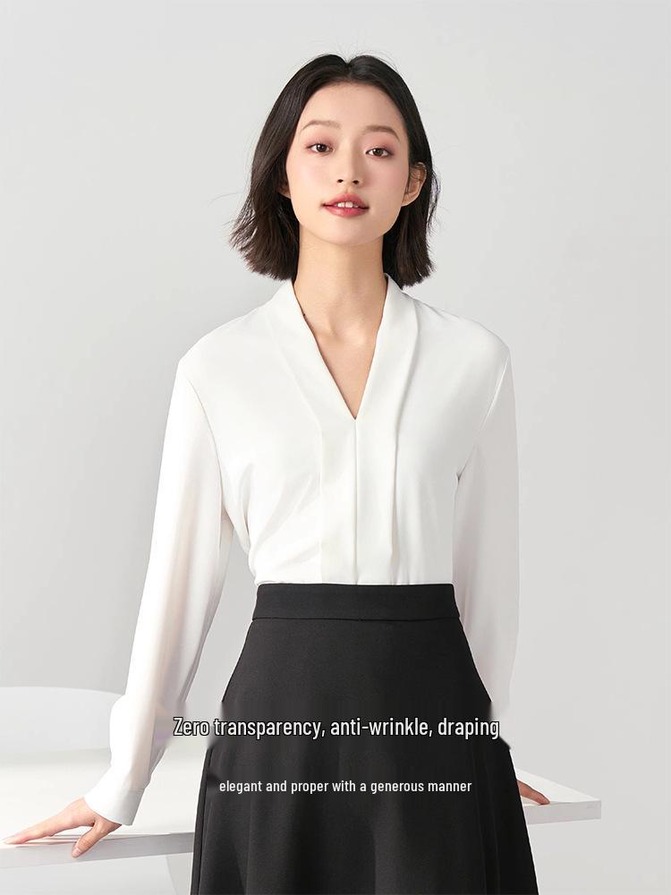 Women's White Chiffon V-Neck Professional Shirt – Elegant Formal Wear for Interviews and Office Settings