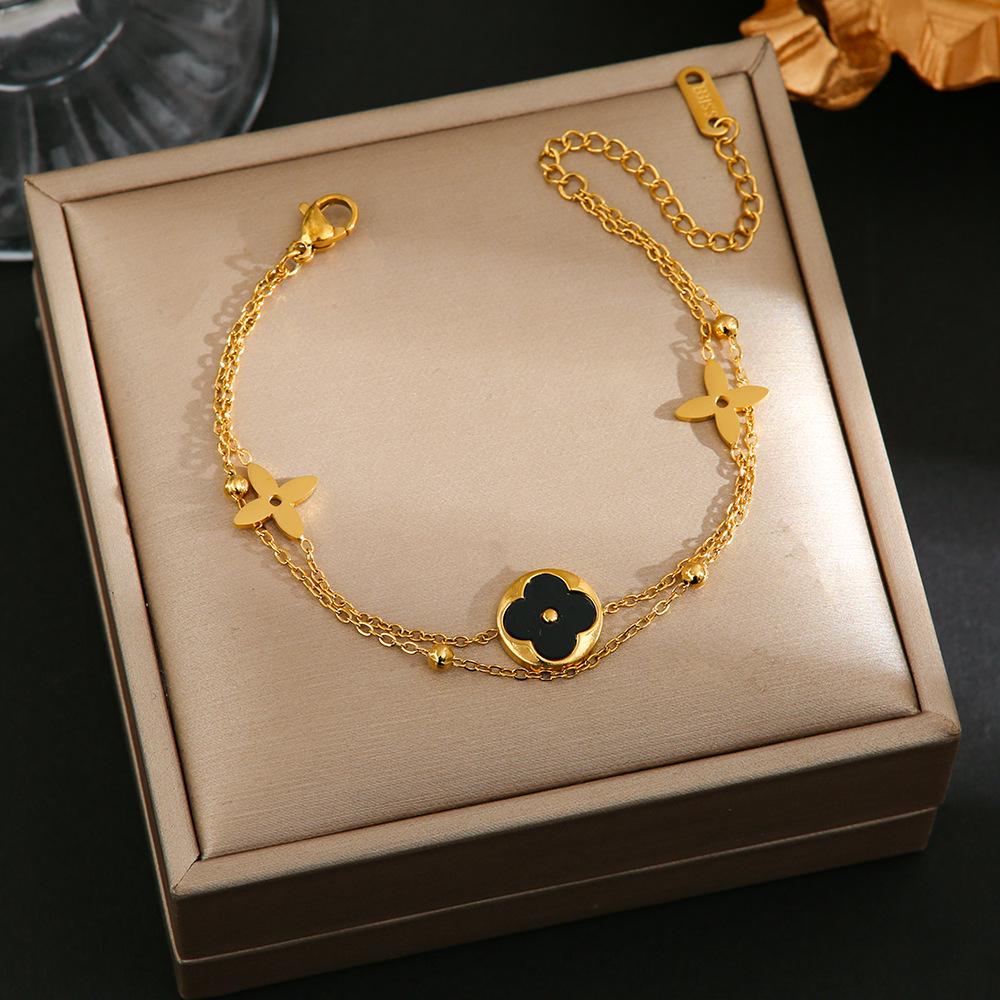 Luxe Titanium Staal Vierbladig Klaver Armband in Koreaanse Stijl met Ingelegde Diamanten voor Vrouwen - Kleurvast