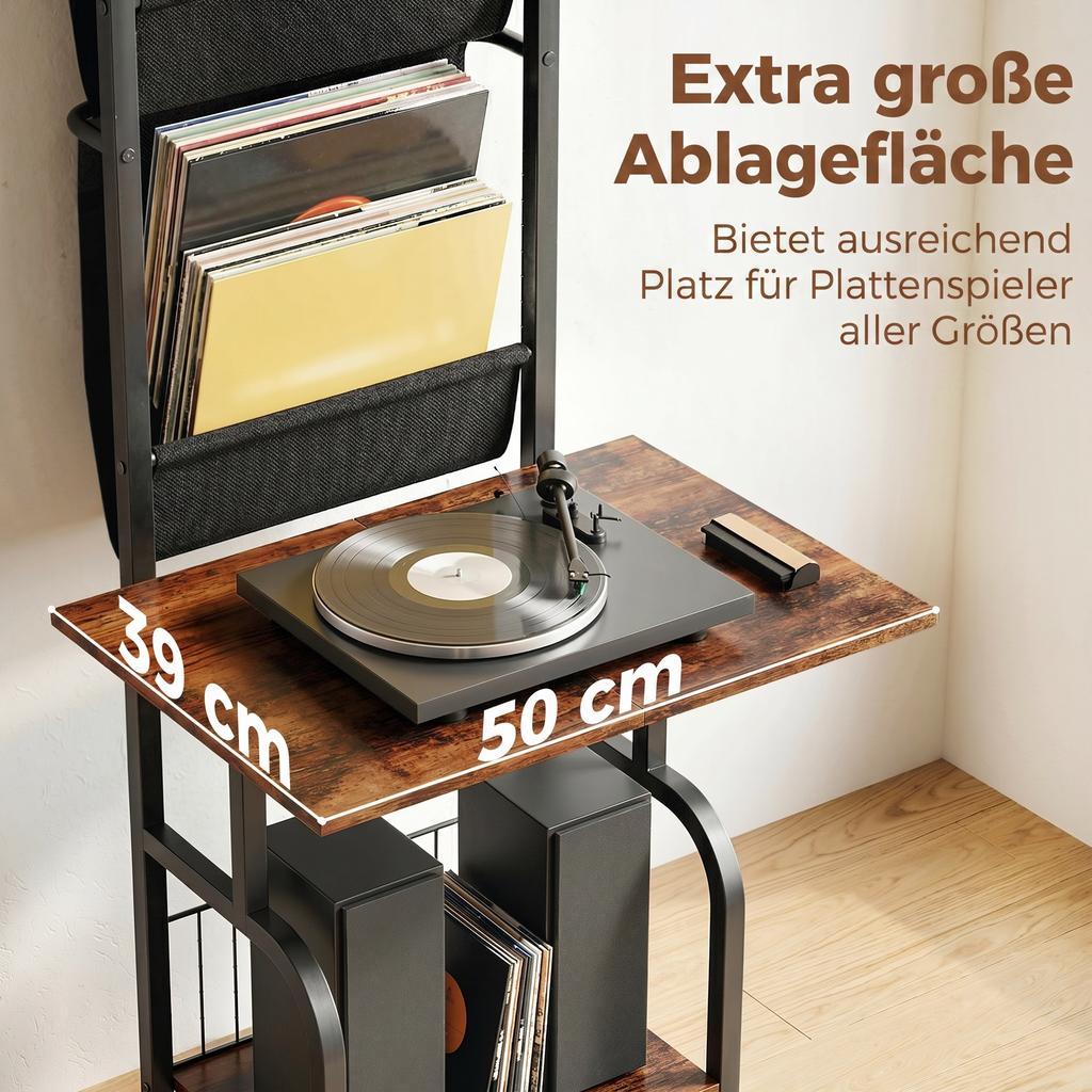 Vinyl Record Player Stand Record Storage with Player Stand Oxford Fabric Pockets Bottom Shelf Rustic Brown and Black