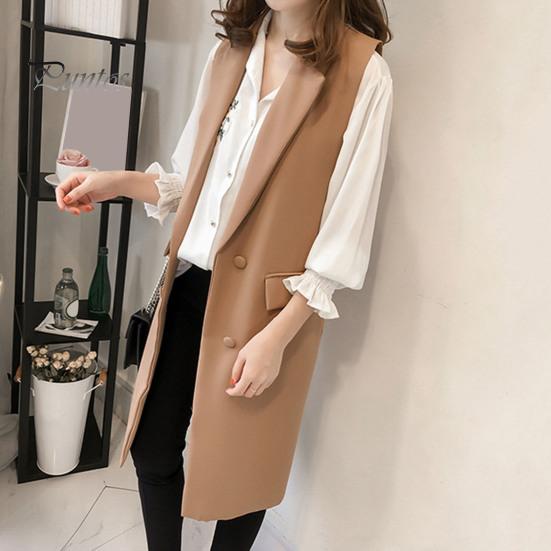 Podzim Jaro Ženy Vesta Stahovací límec Dvouřadý Volný Bez rukávů Délka Kapsy pod kolena Cardigan Jednobarevné Vesta na denní nošení