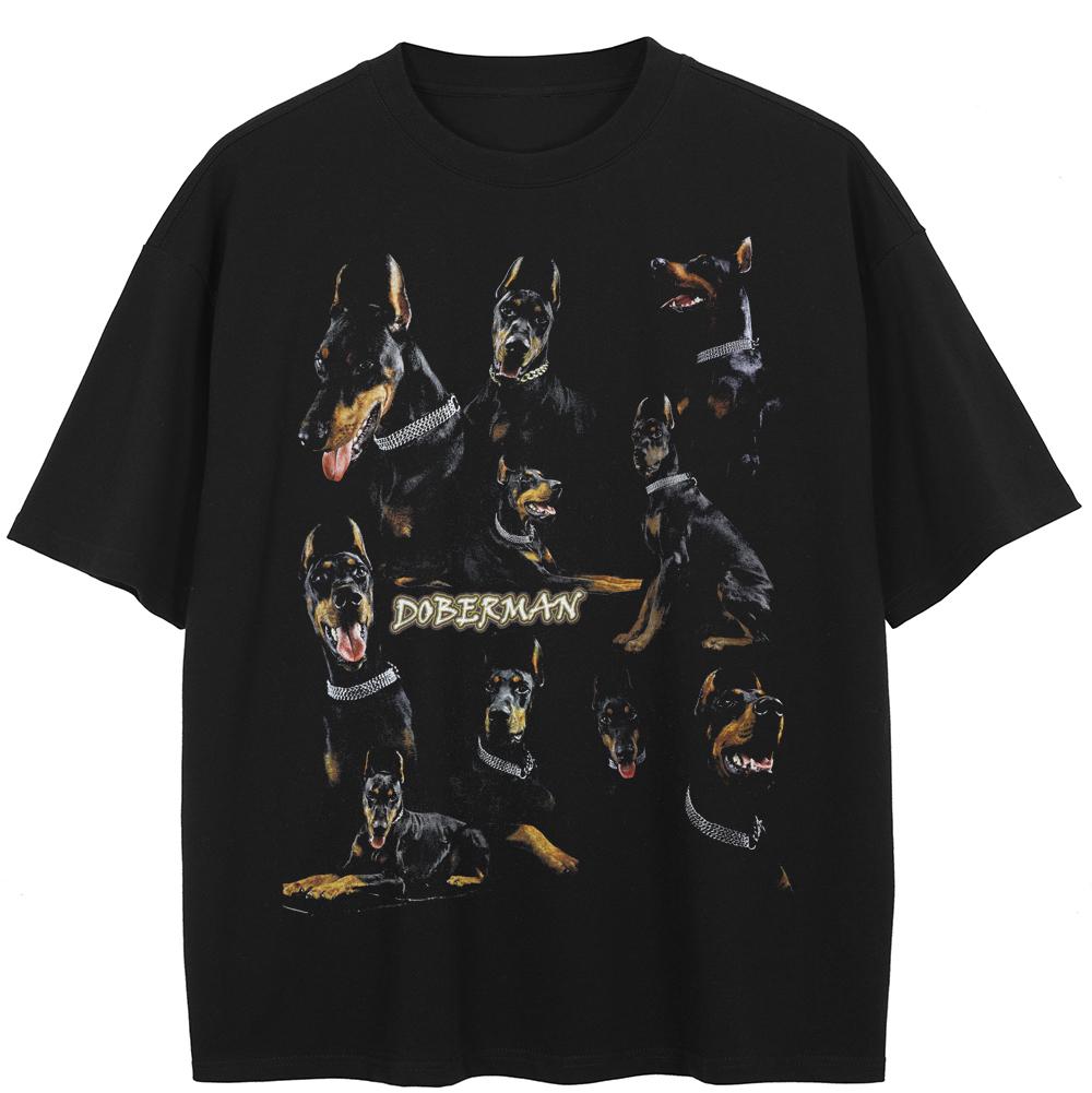 Streetwearové grafické černé tričko Doberman Bavlna Unisex Top Trička Letní Krátký rukáv Tričko