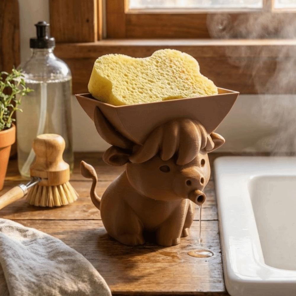 3D Printed Cow Shape Sponge Holder Cartoon Funny Sponge Drying Holder Plastic with Drainage Holes Soap Rack Bathroom Organizer
