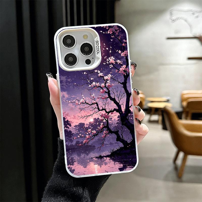 Dreamy Night Cherry Blossom Tree Soft Phone Case for iPhone 15 16 17 Pro Max 17Air 16E 14 Plus 13 12 Mini Shockproof Cover Back