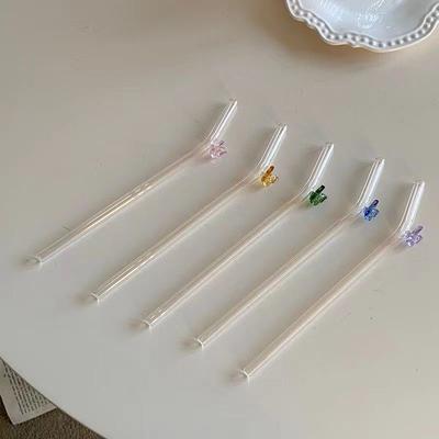 Transparent Butterfly Glass Straw Elbow Juice Milk Straw Stirring Stick Simple High Temperature Resistant Straws