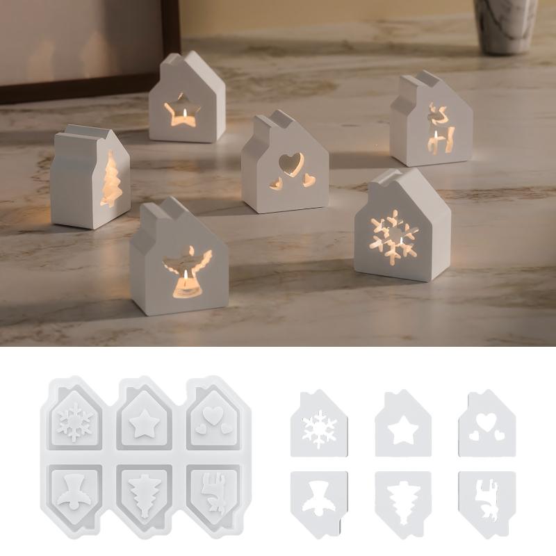 1 st 6-hålig Julhus Ljusstake Silikonform, Julserietema Ihålig Husform, Hartsgjutform