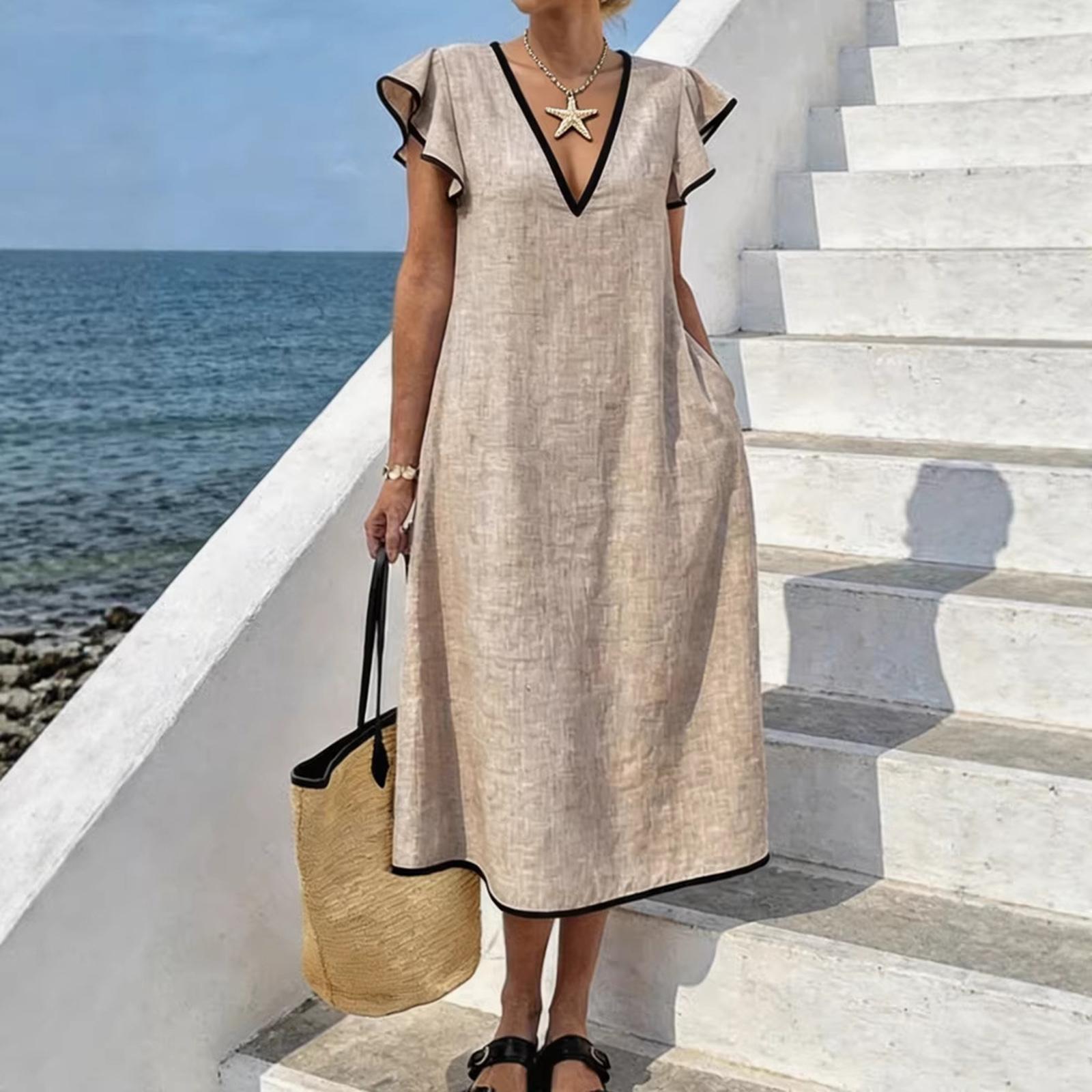 

V Neck Bohemian Loose Fit Long Dress with Pockets Flowy Short Sleeve Casual Maxi Dress for Daily Office Wear S
