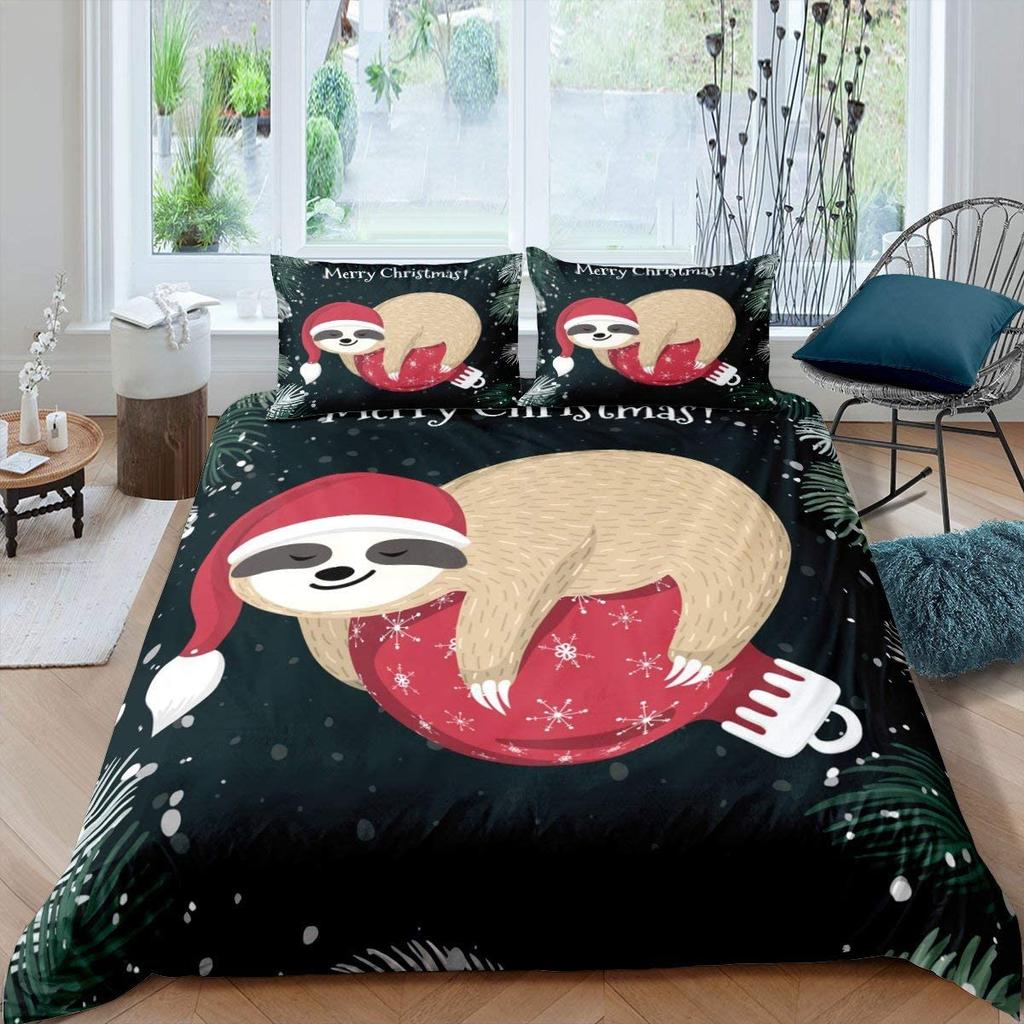 Kids Sloth Duvet Cover Set Queen King Size, Cute Animal Pattern Polyester Comforter Cover, Branches Winter Theme For Boys Girls
