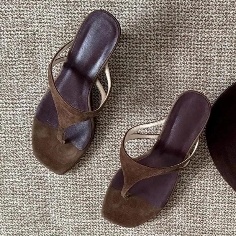 Fashion High Quality Faux Suede Brand Slippers Women Fashion Square Toe Clip Toe High Heel Flip Flops Summer Comfortable Beach Sandals