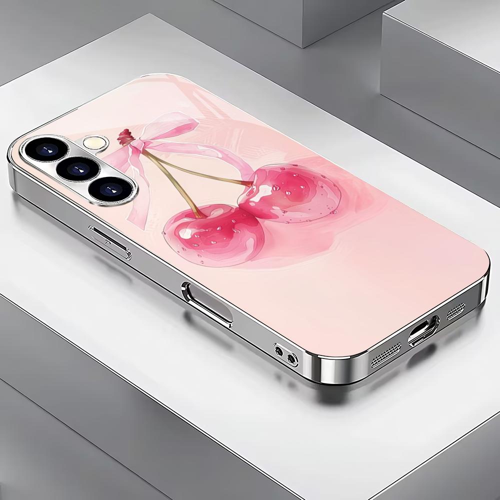 

Pink cherry electroplated glass phone case suitable for Samsung Galaxy S26 S25 S24 S23 S22 S20FE/Ultra/Plus anti drop back cover GalaxyS24FE