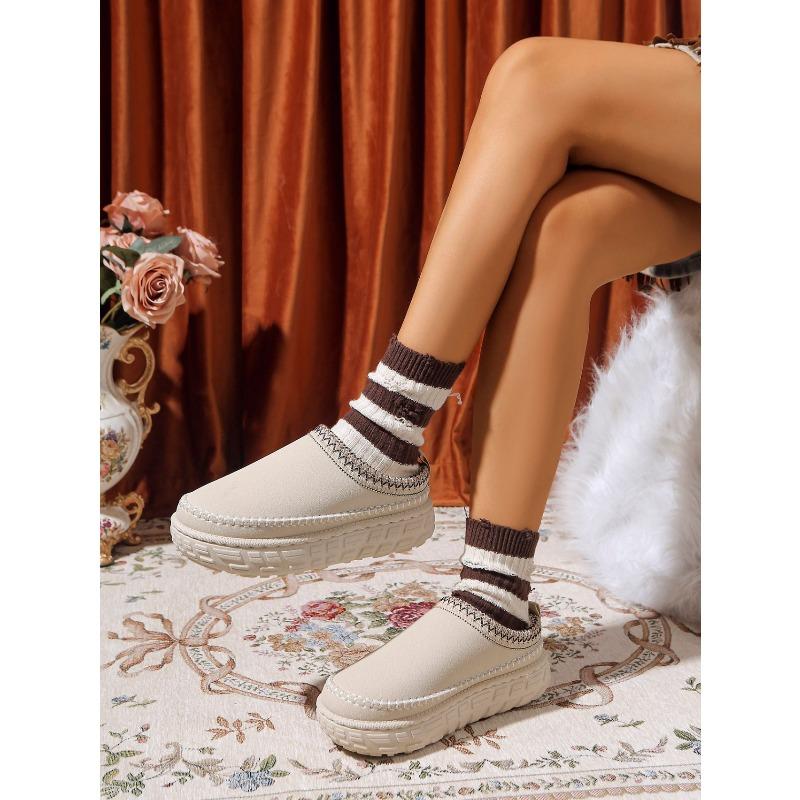 2025 Winter Platform Cotton Slippers Women's Plus Size Muffins Fleece Warm Lace Lazy Toe Slippers