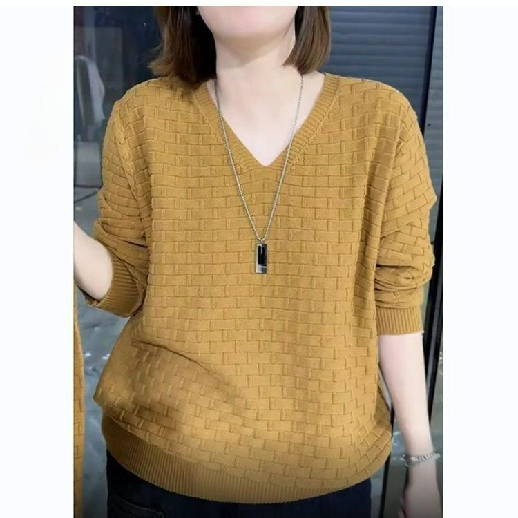Spring Plus Size Women's Long-sleeved Knit Sweater Mother Plus Fat To Increase V-neck Lazy Style Solid Color Loose Top