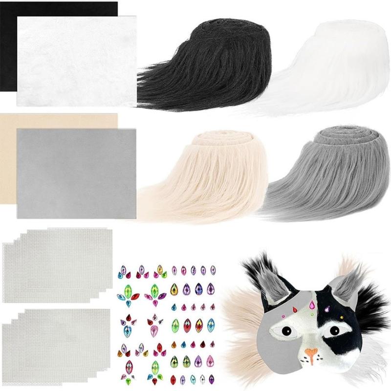 Therian Masken Set Felle, Augennetz, Filzbogen DIY Füchse Katzen Maske zum Bemalen Pelzige Tiermaske Ausrüstung für Halloween Cosplay