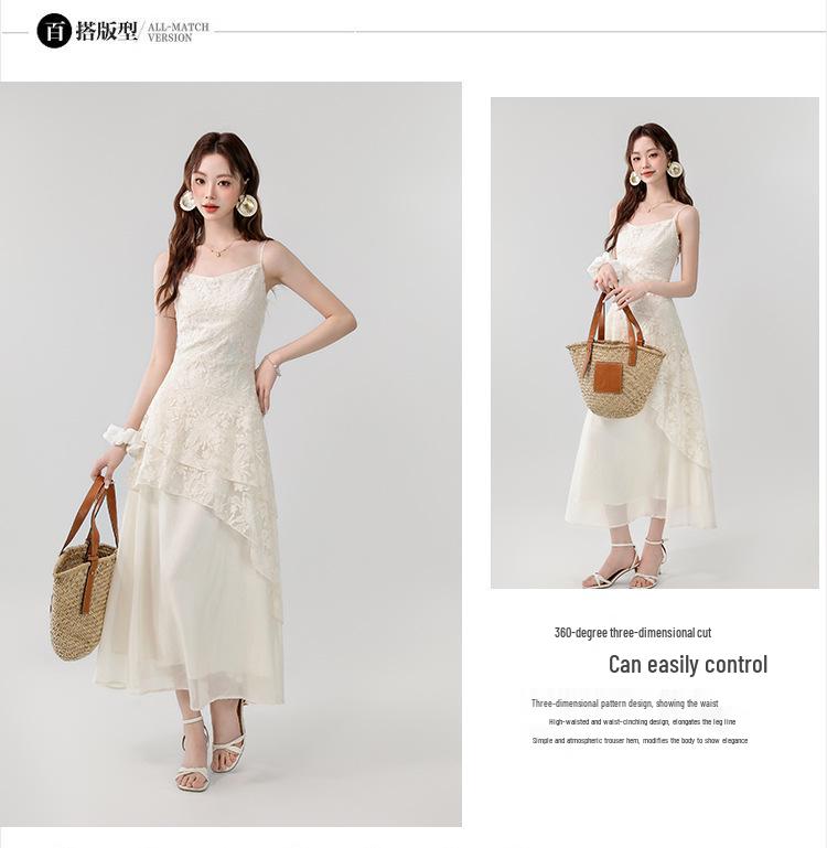 2026 Summer French Apricot Lace Embroidered Irregular Long Camisole Dress for Women