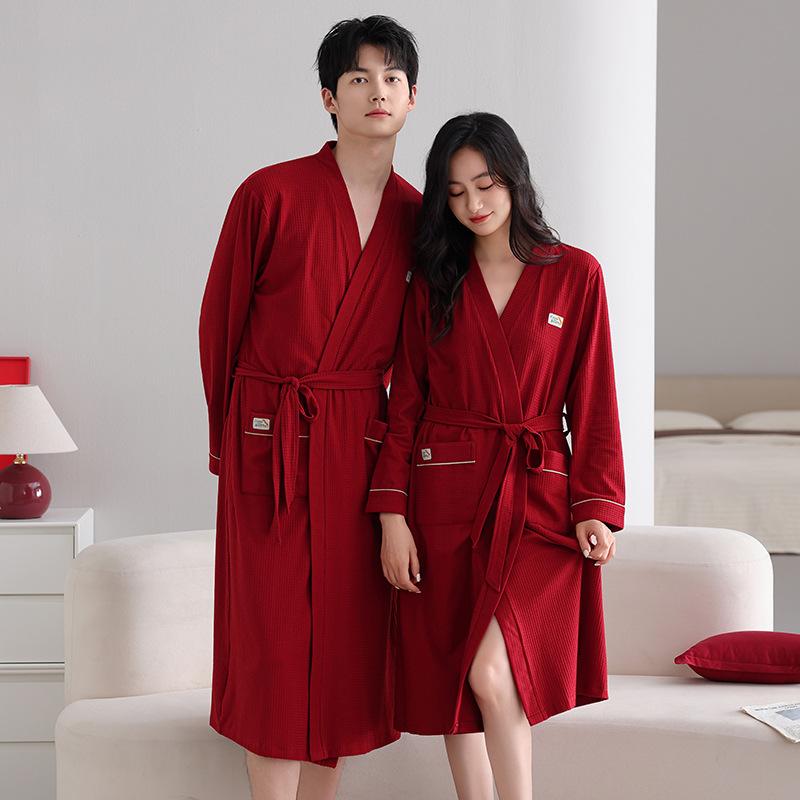 Couple Nightgown Women'S Spring And Autumn Pure Cotton Long-Sleeved Jujube Red Bathrobe Medium And Long Men'S Large Size Loungewear