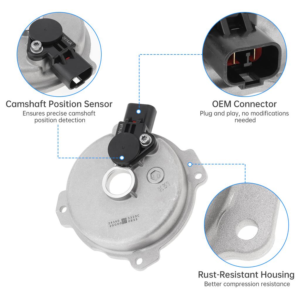 24360-2GGD0 Camshaft Position Actuator Kit for Kia, 2-Pin VVT Solenoid w/Cover & Seal, Solves P0011/P0014 Codes, Engine Timing Control Sensor