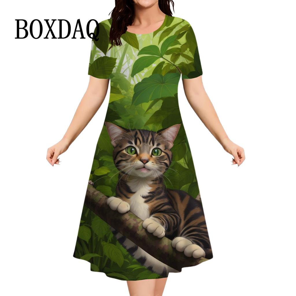 Women's 3D Graphic Animal Cat Dress Short Sleeve 3D Print Summer Dress Casual Daily Holiday Cute Loose Dress New
