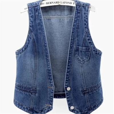 ThreeThree Jeansweste für Damen, kurz, Frühling und Herbst, schmal zu kombinieren, ärmellose Jacke, Weste, einreihig, einfarbiges Oberteil