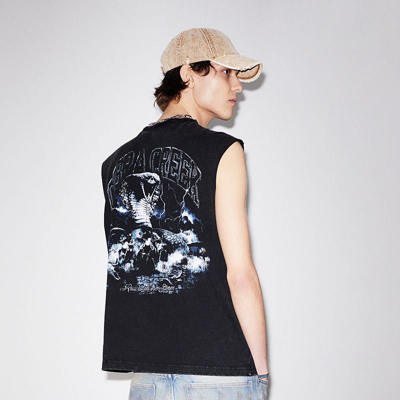 

HM Мужская одежда Жилет 2025 Лето Новый Удобный Свободный Принт Американские Буквы Топ без рукавов 1262379 Black/Cobra Creek 165/84(XS)