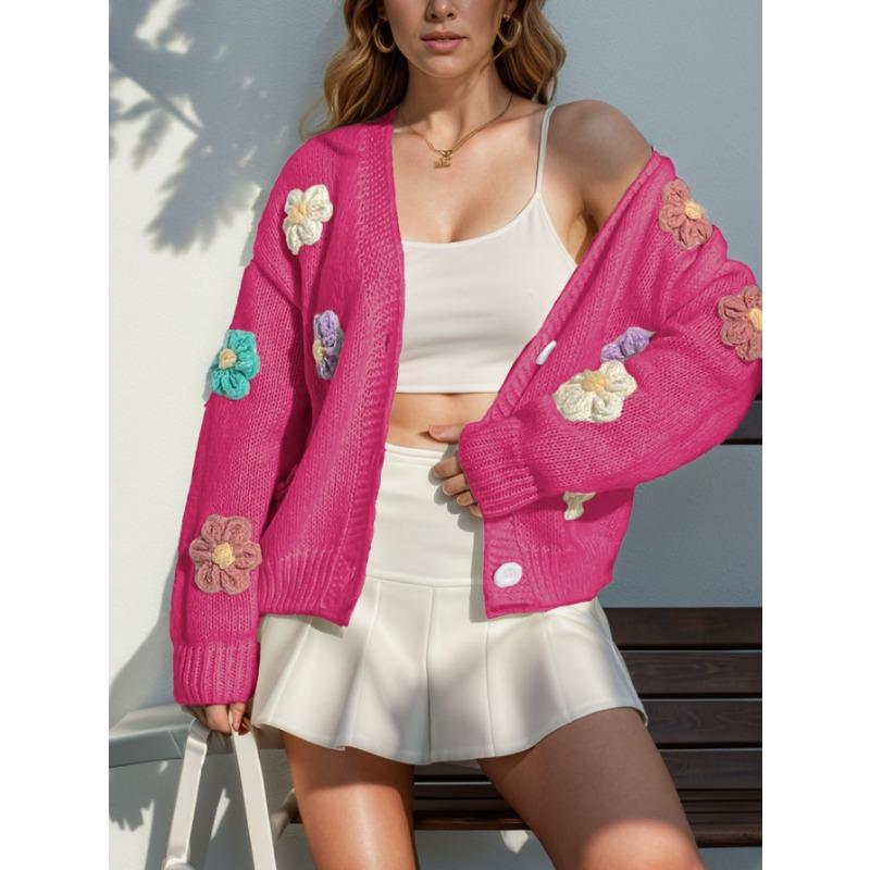 Fall Women's Plus Size Floral Pattern Button Knit Cardigan Cute Loose Long Sleeve Sweater