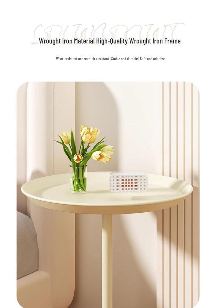 Modern Minimalist Round Side Table - Small Coffee/Sofa Table with Wrought Iron Storage Cabinet