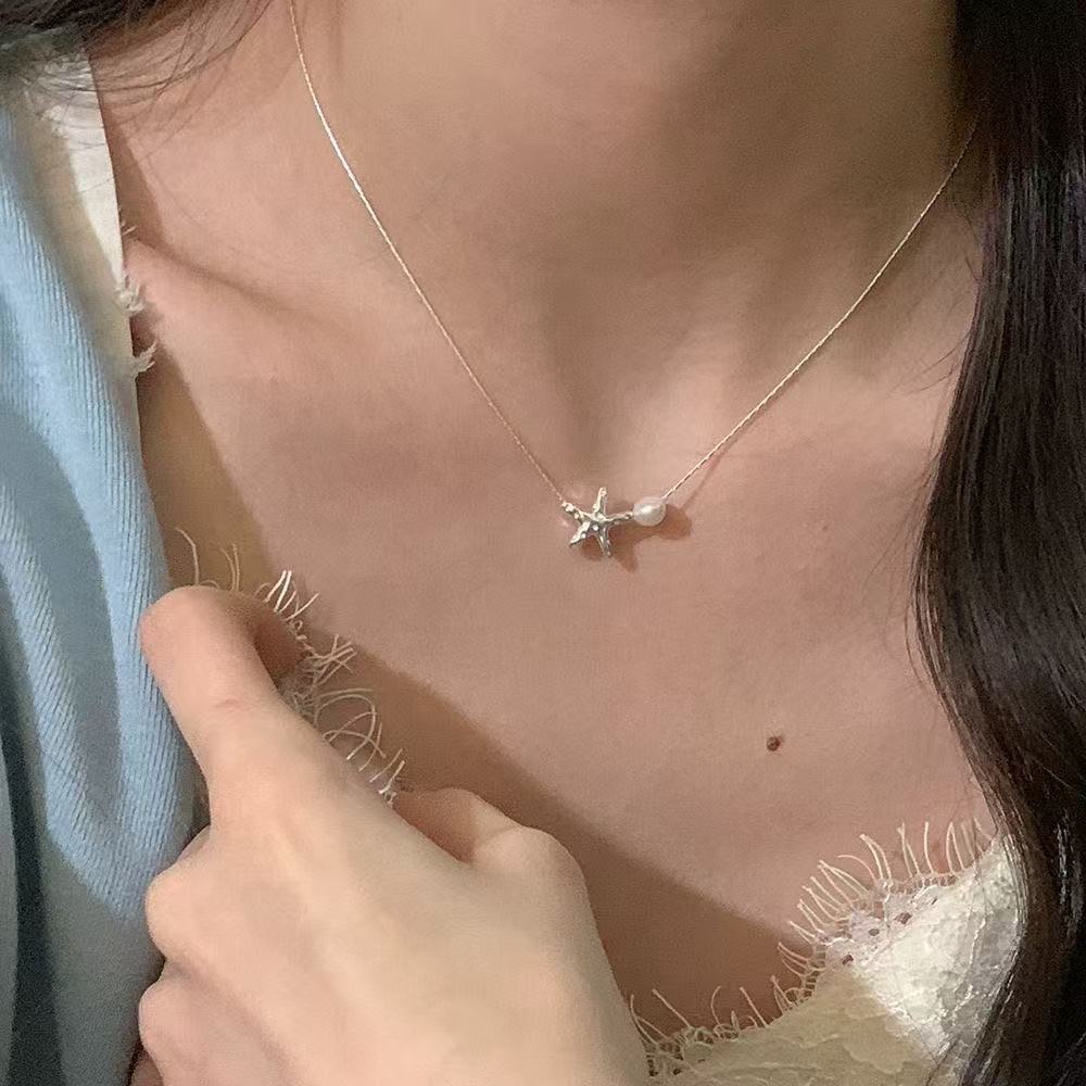 Summer Beach Silver Starfish Necklace New Clavicle Chain Women's Premium Sense Simple Design Necklace