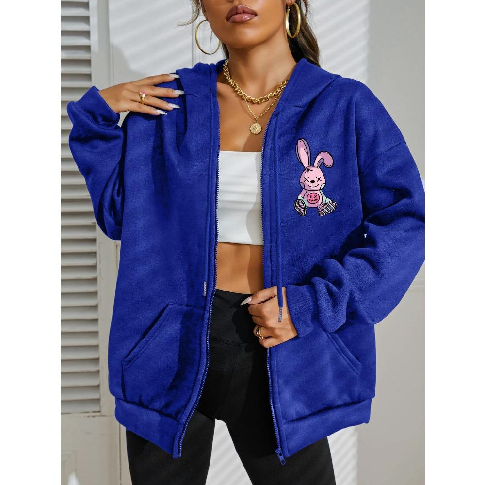Cute Tags Cartoon Footprints Rabbit Print Women Zipper Hoody Hoodies Autumn Casual Zip-Up Clothes Pocket Hoodie
