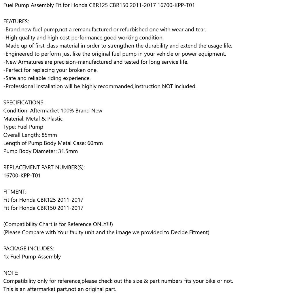 Fuel Pump Replacement Fit for Honda CBR125 CBR150 2011-2017 16700-KPP-T01